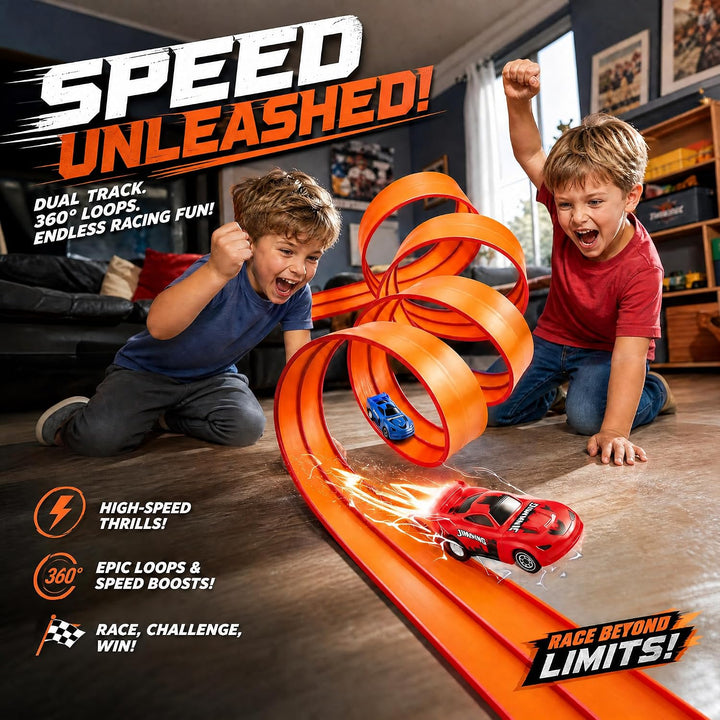 Flexible Autorennbahn Kinder, 4.5M Tragbare Rennbahn Inklusive 2 Autos