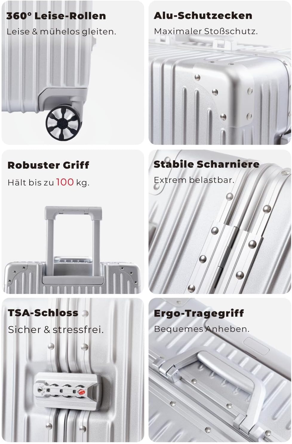 Blex Reisekoffer XXL Riesig Alurahmen PC Hartschale 105L Silber Silber XXL, Silber XXL