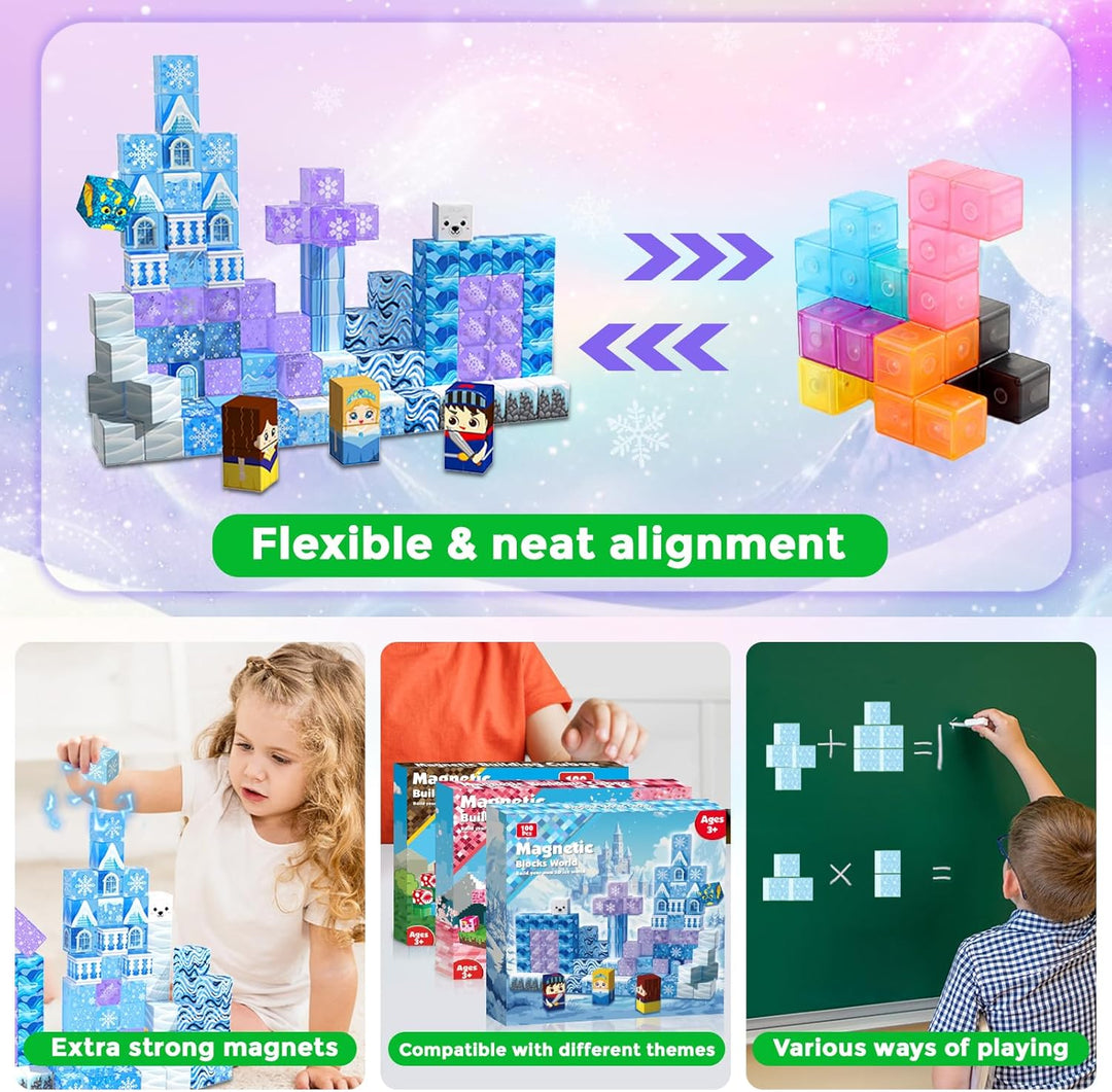 Magnetische Bausteine, 100 Pcs Magnetbausteine bauen einer eisblaue Zauberwelt, kreative Kinderspiel