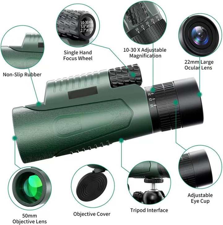 Monocular, 10-30x50 Monocular Telescope, für Erwachsene und Kinder, FMC BAK4 Prisma, Monokular klein
