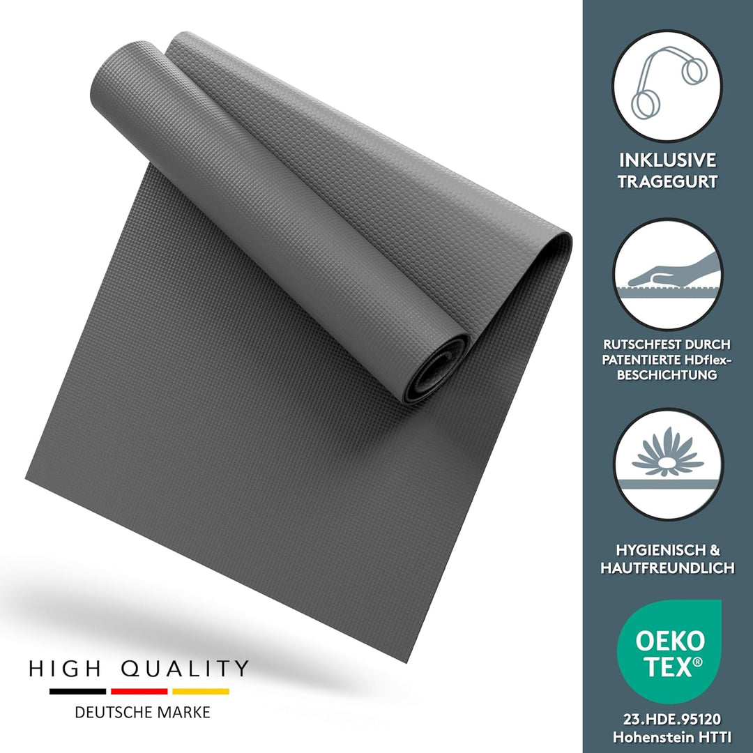LILENO SPORTS Yoga Matte (180x60cm) inkl. Tragegurt - Sport und Yogamatte extra rutschfest in 4 mm D