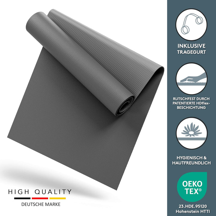 LILENO SPORTS Yoga Matte (180x60cm) inkl. Tragegurt - Sport und Yogamatte extra rutschfest in 4 mm D