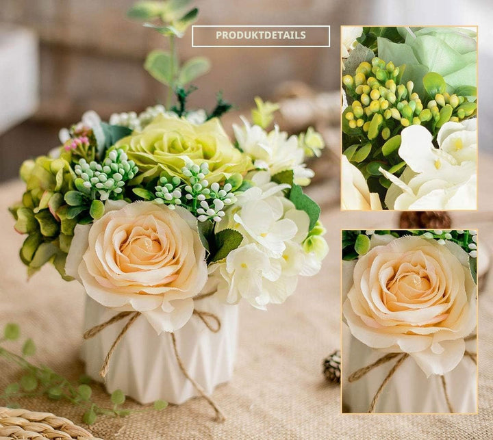 Künstliche Blumen Seidenrosen Blumensträusse Dekoration mit Keramikvase für Tisch Zuhause Büro Hochz