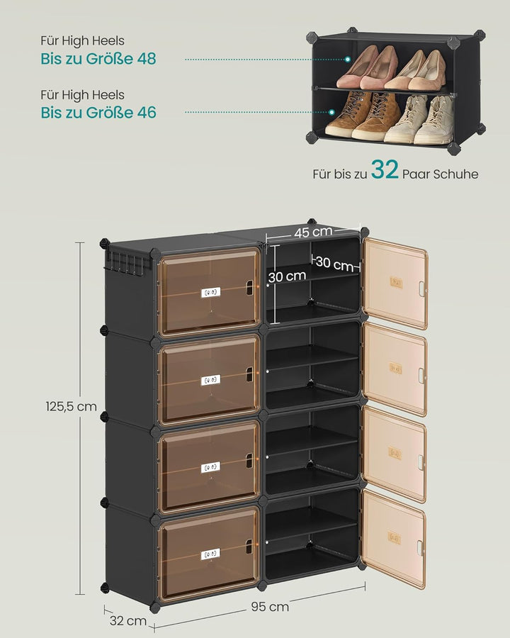 SONGMICS Schuhregal mit 8 Fächern, Schuhschrank, 30 x 45 x 30 cm pro Fach, durchsichtige Tür, Metall