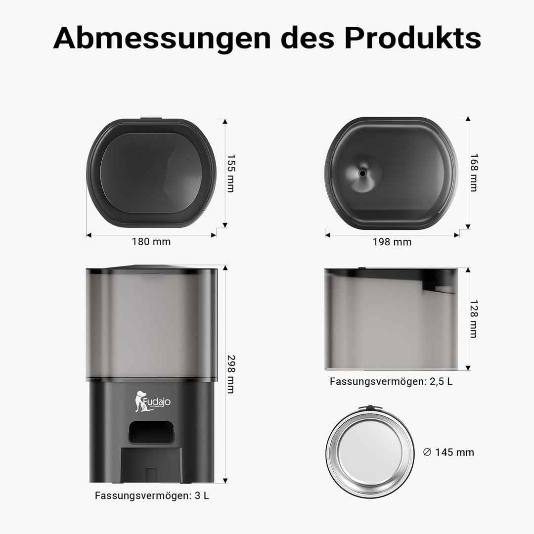 Fudajo Futter- und Trinkautomat für Katzen & Hunde in Schwarz, 3 L Futterspender und 2,5 L Trinkbrun