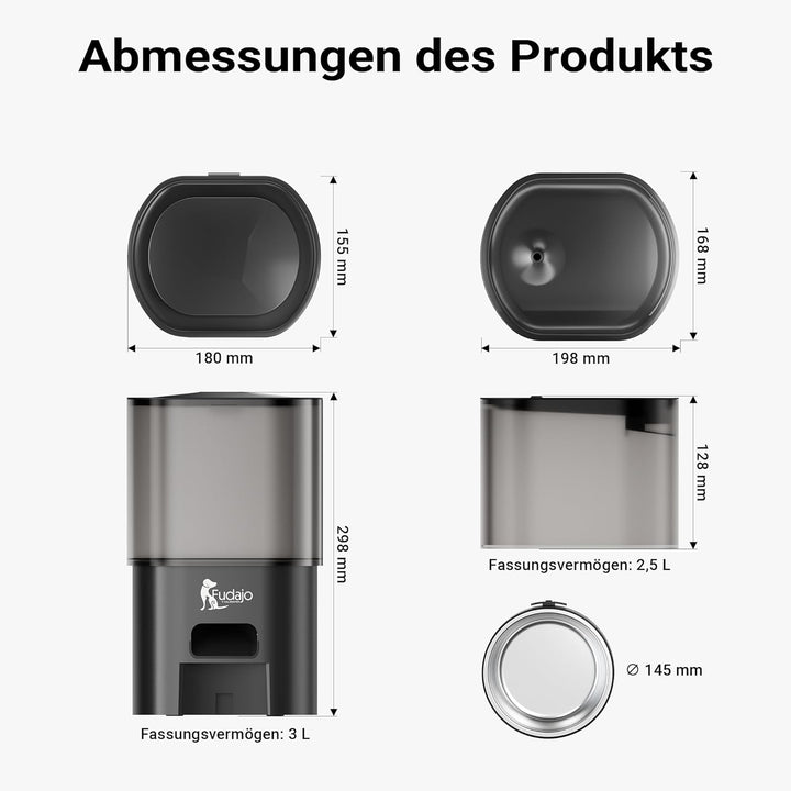 Fudajo Futter- und Trinkautomat für Katzen & Hunde in Schwarz, 3 L Futterspender und 2,5 L Trinkbrun