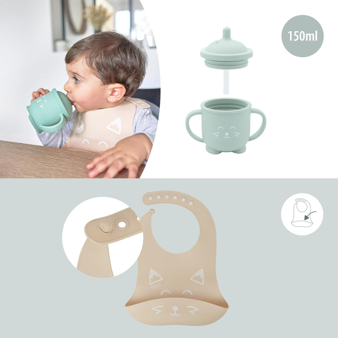Babymoov Baby Geschirrset LEARN'ISY Hund - 4er Set aus Silikon, Trinklernbecher, Baby Lätzchen, Baby
