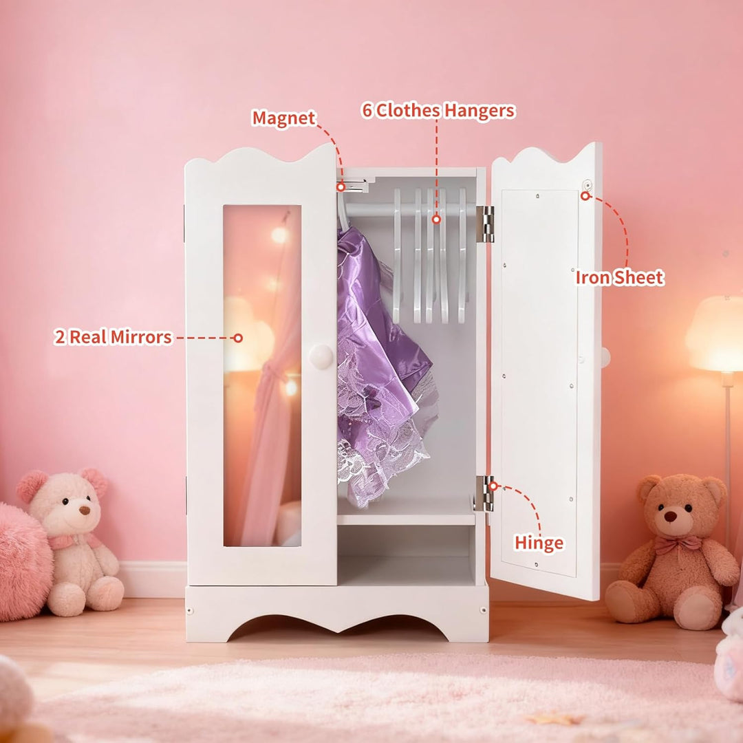 Holzpuppenmöbel mit 6 Kleiderbügeln Offener Kleiderschrank Organizer Puppenschrank für Puppen Spielz