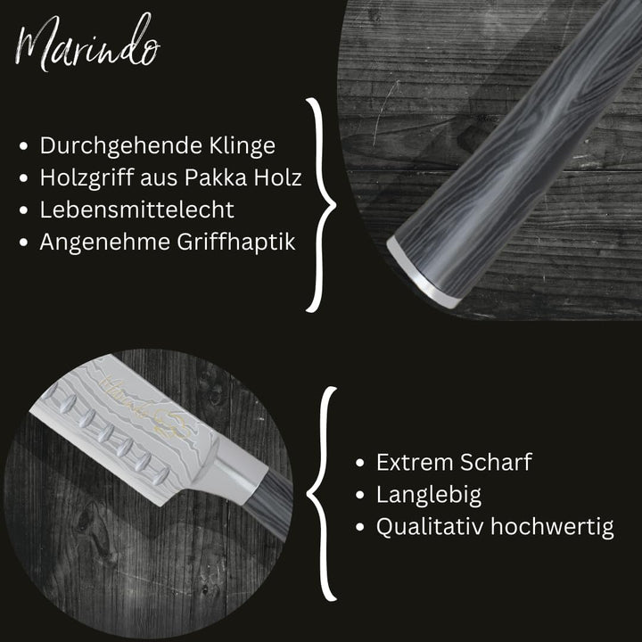 Marindo® Santoku Messer Edelstahl 17,8 cm Klinge | japanisches Küchenmesser mit Damastmesser Optik &