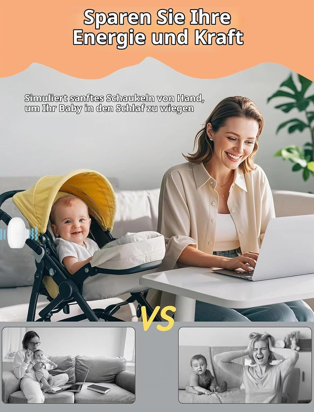 Kinderwagenschaukler, Einschlafhilfe Baby Wiederaufladbar (USB-C), 5 Einstellbare Schaukelintensität