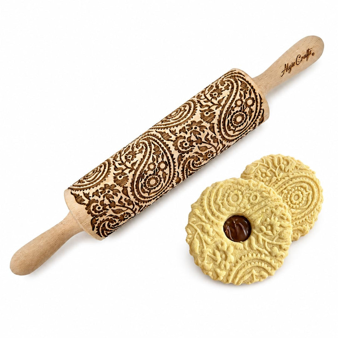 PAISLEY gravierte Nudelholz für hausgemachtes Gebäck. Teigroller mit Blumen. Gravierte Nudelholz mit