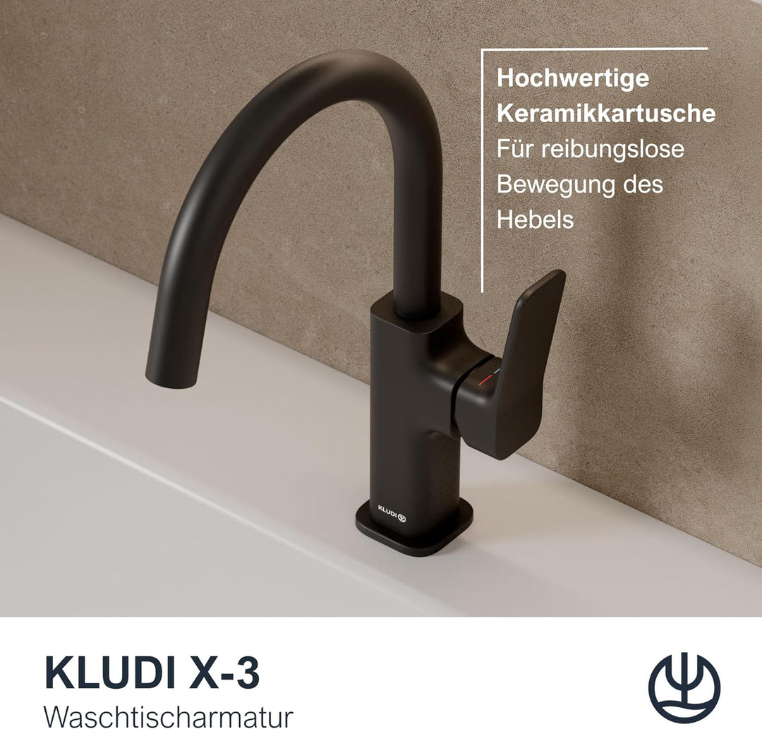 KLUDI-X3 Waschtischarmatur, 360° schwenkbar, Auslaufhöhe 180 mm, wassersparender Wasserhahn Bad Schw