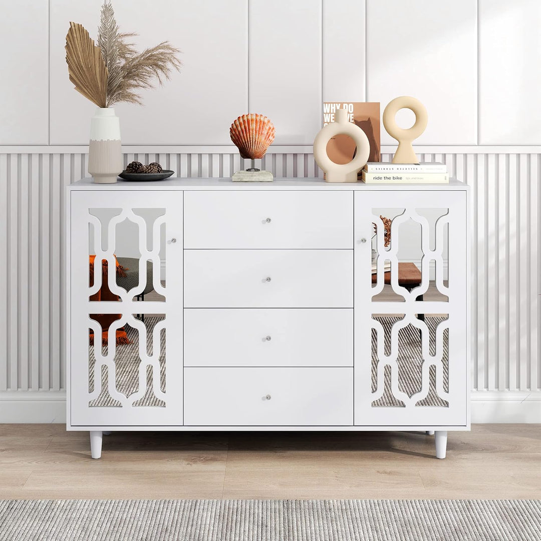 ModernLuxe - Weiss verspiegelte Sideboard mit Kristallgriffen, für Wohn- und Esszimmer (147,5 x 40 x