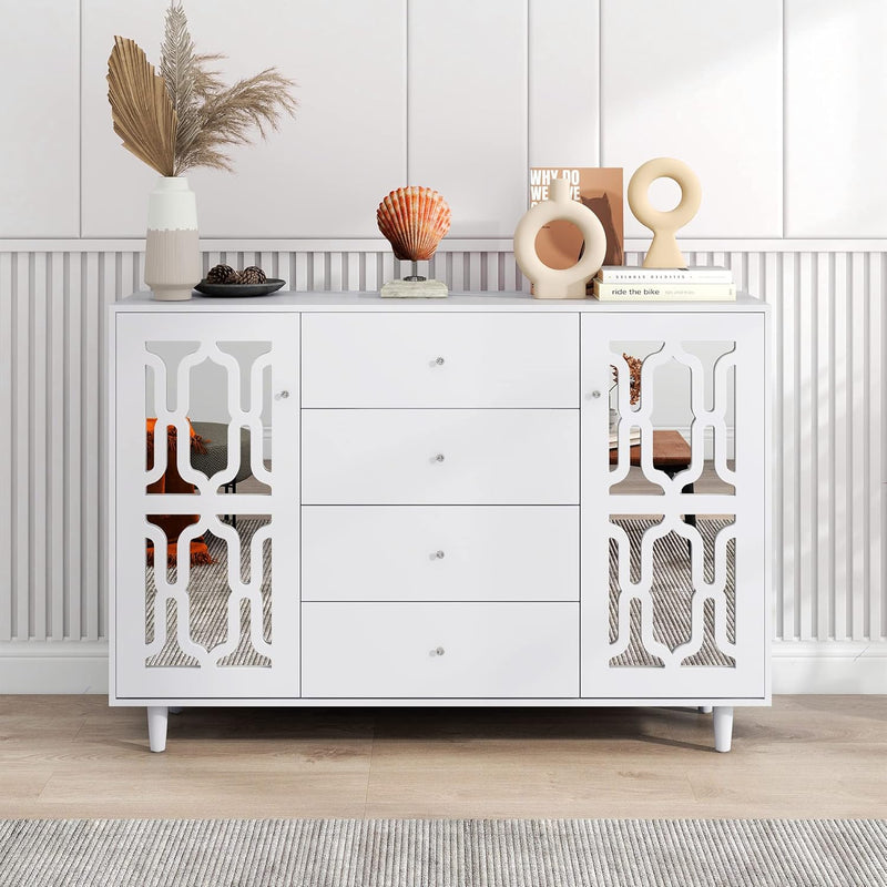 ModernLuxe - Weiss verspiegelte Sideboard mit Kristallgriffen, für Wohn- und Esszimmer (147,5 x 40 x