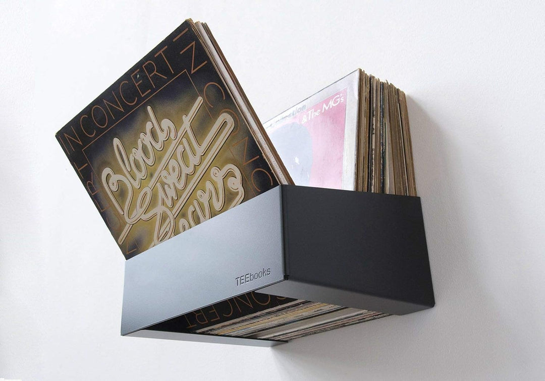 TEEbooks - 2 Schallplatten Wandhalterungen 32 cm | Vinyl Regal aus Stahl Schwarz | Unsichtbares Scha
