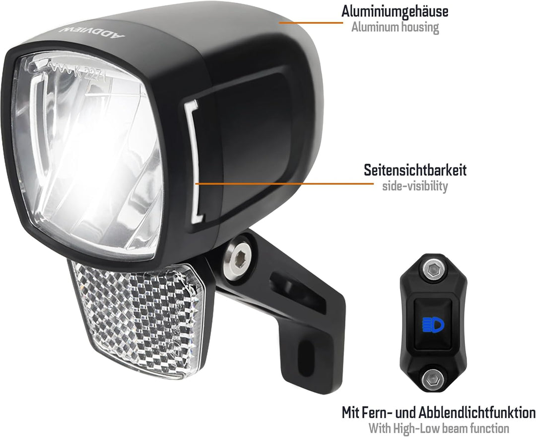 E-Bike Frontlicht 170 Lux Hammer E170 Plus – Fernlicht, Abblendlicht, mit Lenker-Schalter, IP65, Alu