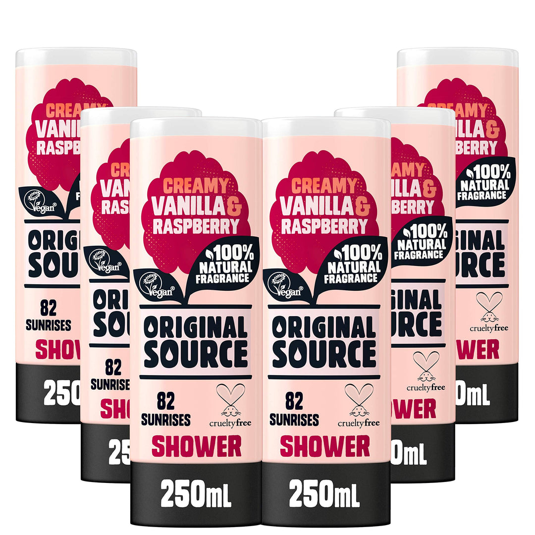 Original Source Duschgel Vanille & Himbeere, 250 ml, 6 Stück Vanillemilch und Himbeere, Vanillemilch
