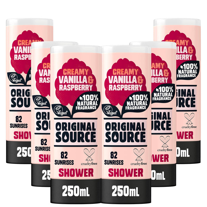 Original Source Duschgel Vanille & Himbeere, 250 ml, 6 Stück Vanillemilch und Himbeere, Vanillemilch