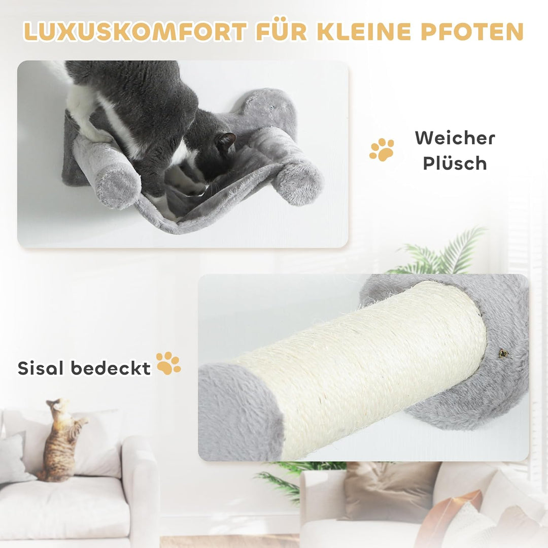 PawHut Kletterwand Katzen, 6-teilig Katzenkletterwand Set, Katzen Wandelemente mit Katzenhaus, Hänge