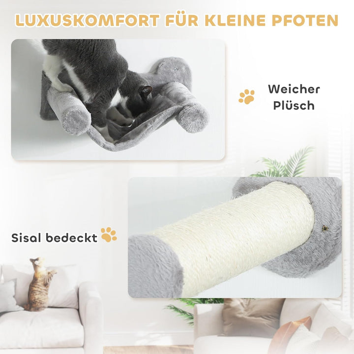 PawHut Kletterwand Katzen, 6-teilig Katzenkletterwand Set, Katzen Wandelemente mit Katzenhaus, Hänge