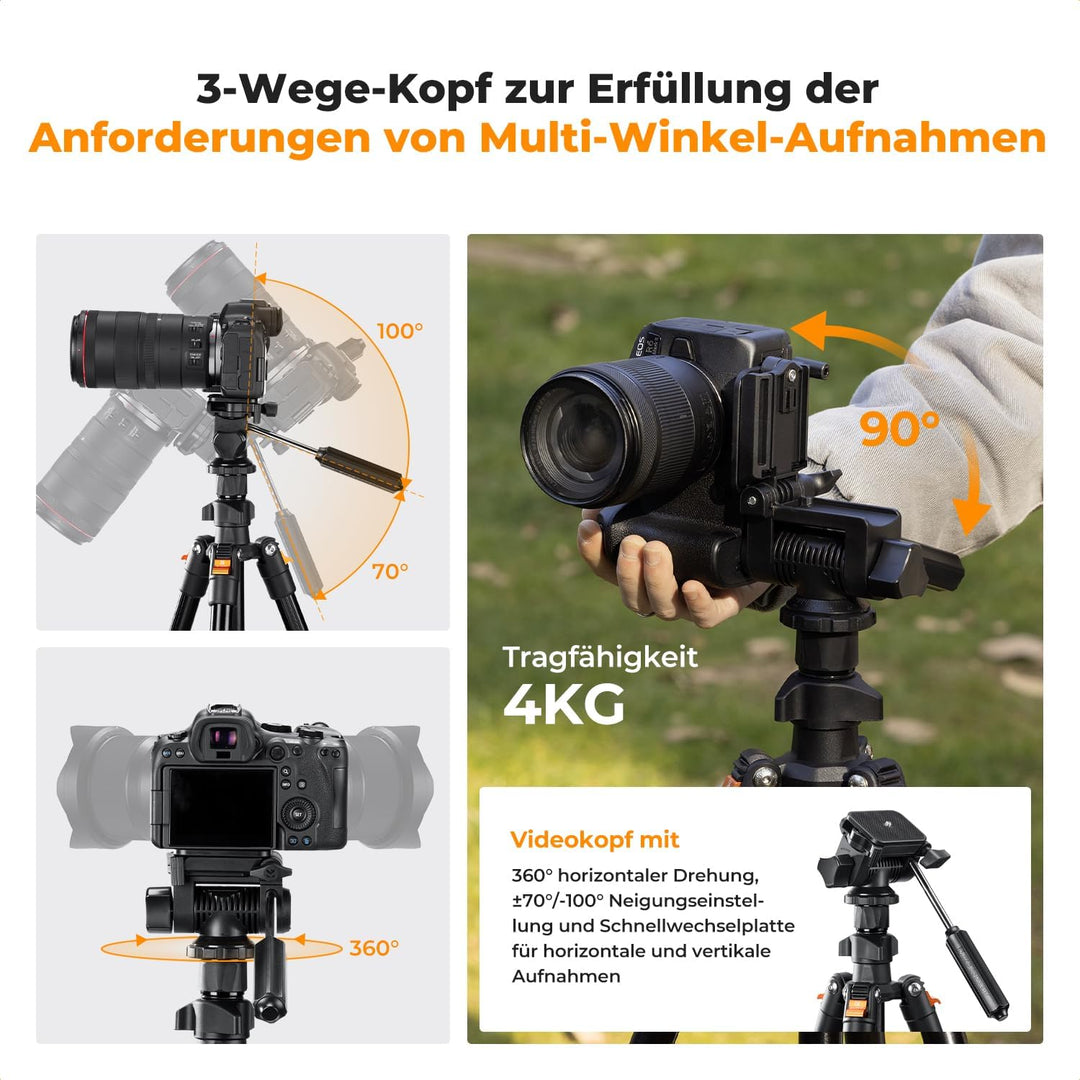K&F CONCEPT 196cm Kamera Stativ,Videostativ, Neues Leichtes Reisestativ, Tripod mit 3-Wege-Kopf, Alu