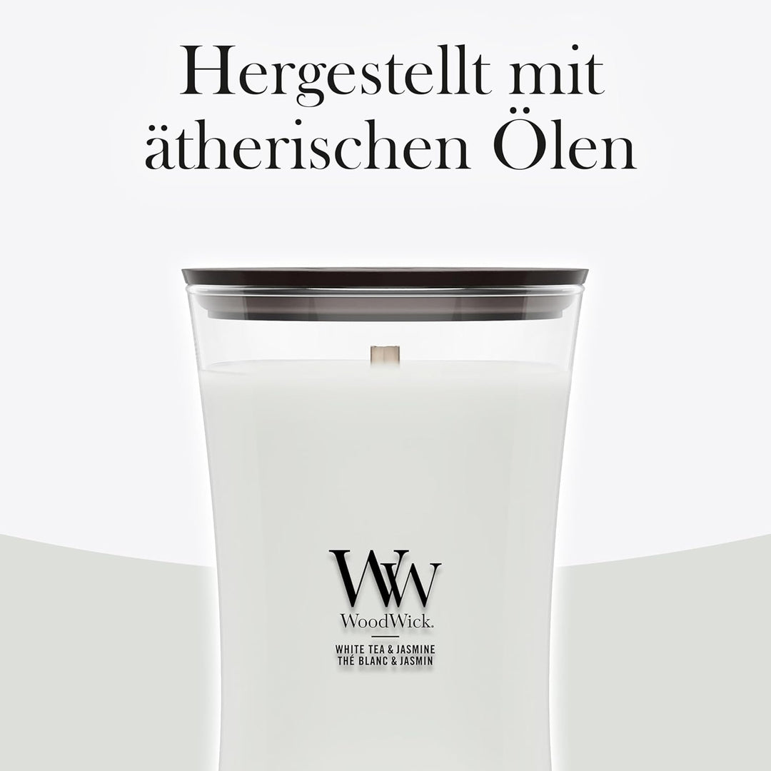 Grosse WoodWick Duftkerze im Sanduhrglas mit knisterndem Docht, White Tea & Jasmine, bis zu 130 Stun