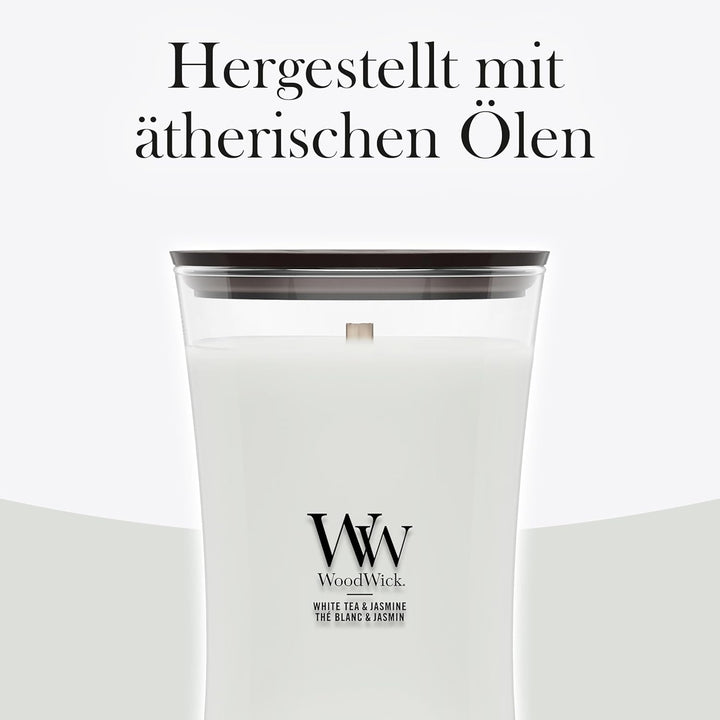 Grosse WoodWick Duftkerze im Sanduhrglas mit knisterndem Docht, White Tea & Jasmine, bis zu 130 Stun