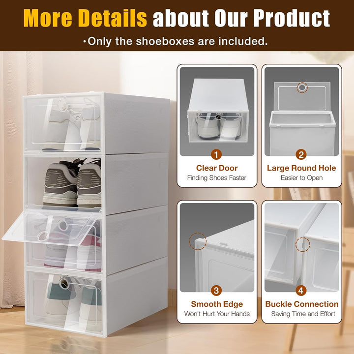 24 Stück Schuhboxen Transparent Weiss Schuhe Box, Plastik Schuhaufbewahrung Box Stapelbar Aufbewahru
