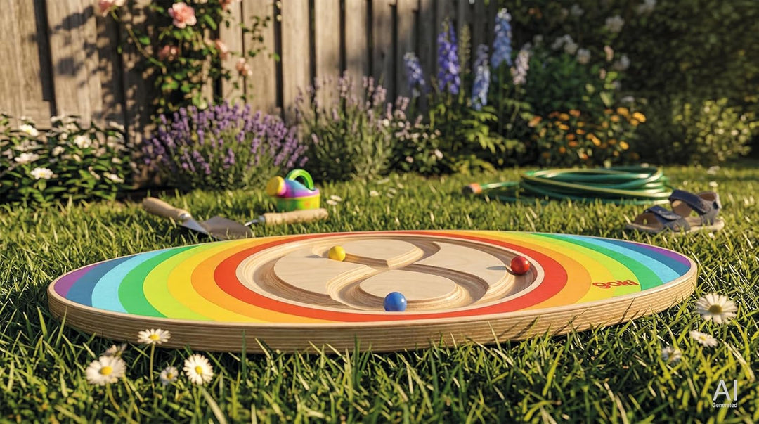 goki Evolution 59962 - Balance Board Labirinto aus Holz, 3 Bunte Mumeln zum ausbalancieren, fördert
