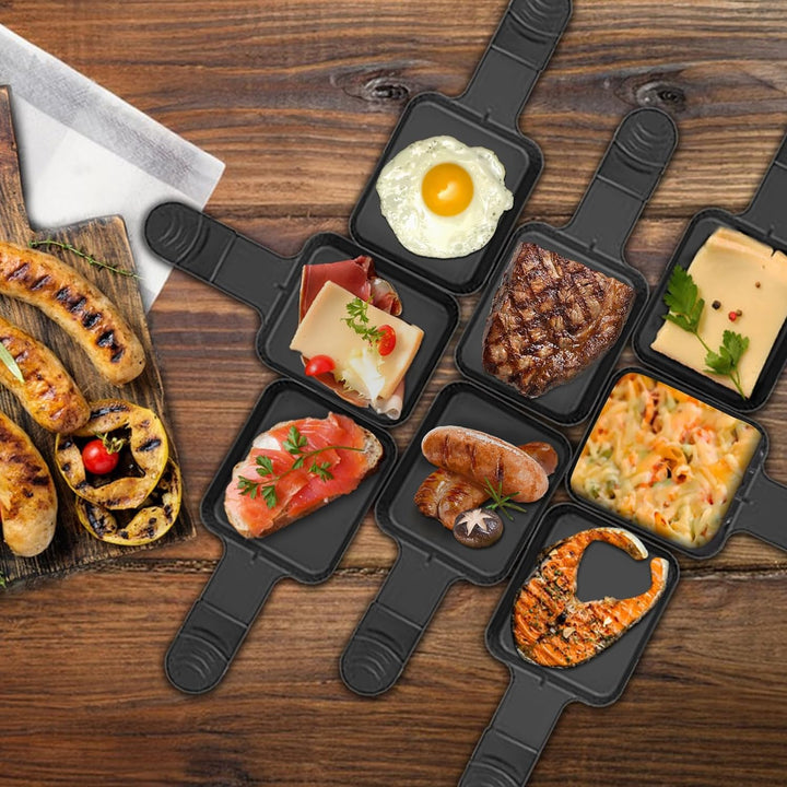 Raclette 8 Personen Tischgrill Elektrisch, Raclette Grill mit 8 Mini Raclette Pfännchen & 4 Holzspat