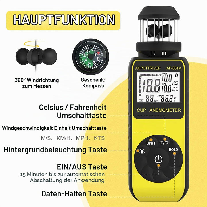 Digitaler Anemometer Handheld AP-881M Windmesser Anemometer mit 360°Windrichtung Wind Cup Anemometer