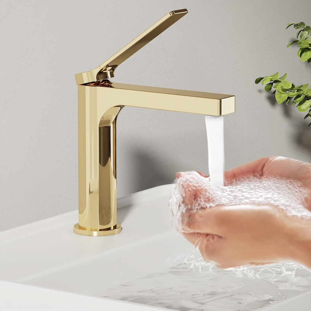 EMKE Wasserhahn Bad Champagnergold, 195 x 173 x 46 mm, Messing, Keramikkartusche, Badarmatur, Mischb