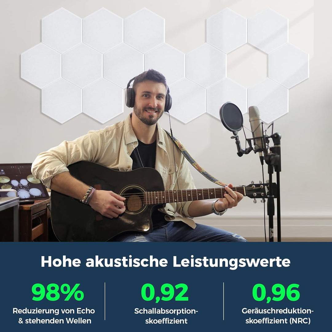 18 Stück Hexagon Akustikplatten Selbstklebend, 30 x 26 x 0,9 cm Hohe Dichte Akustikpaneele, Schallsc