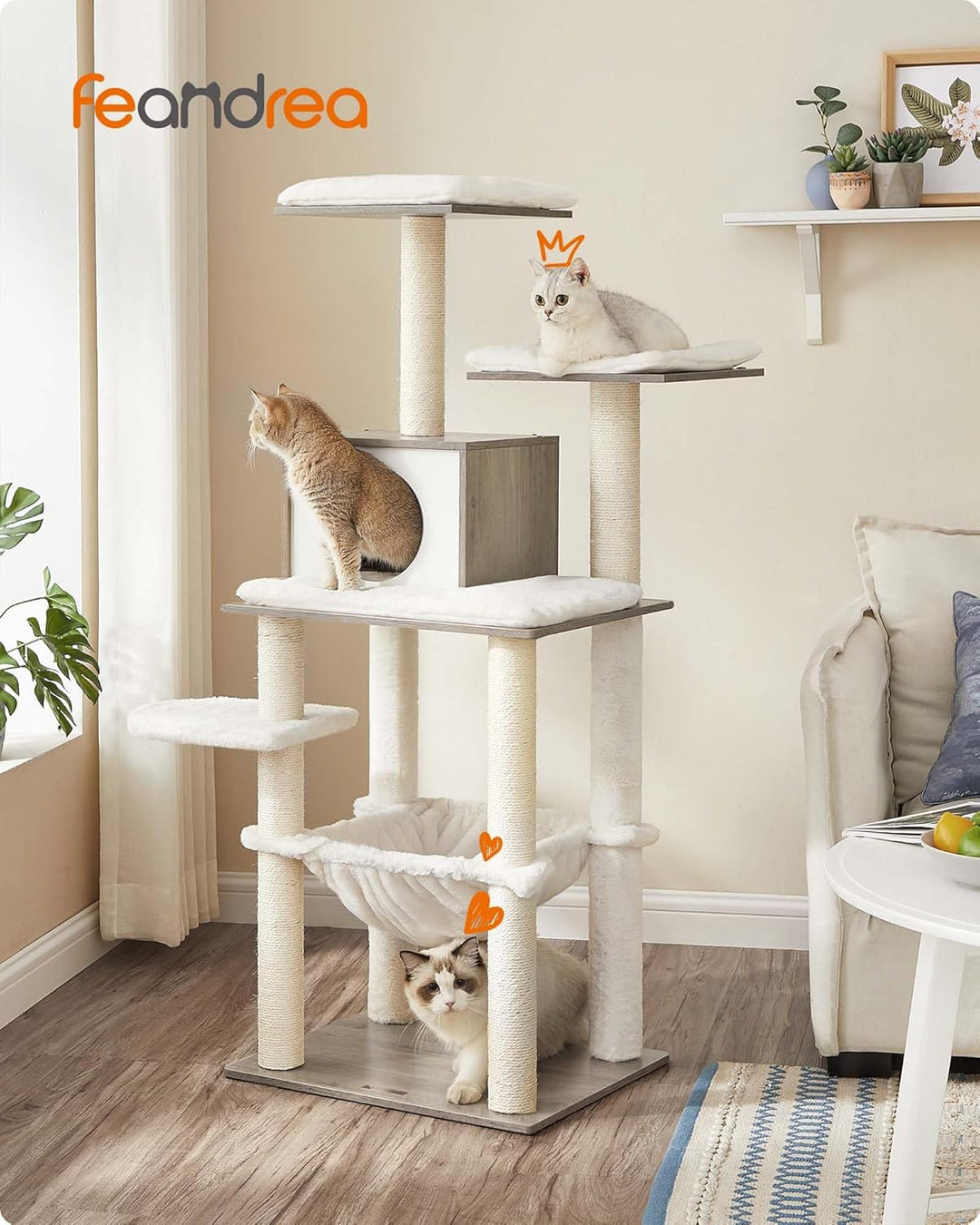 Feandrea Kratzbaum, 138 cm Katzenbaum, modern, mehrstöckiger Katzenkratzbaum, Kuschelhöhle, Sisalstä