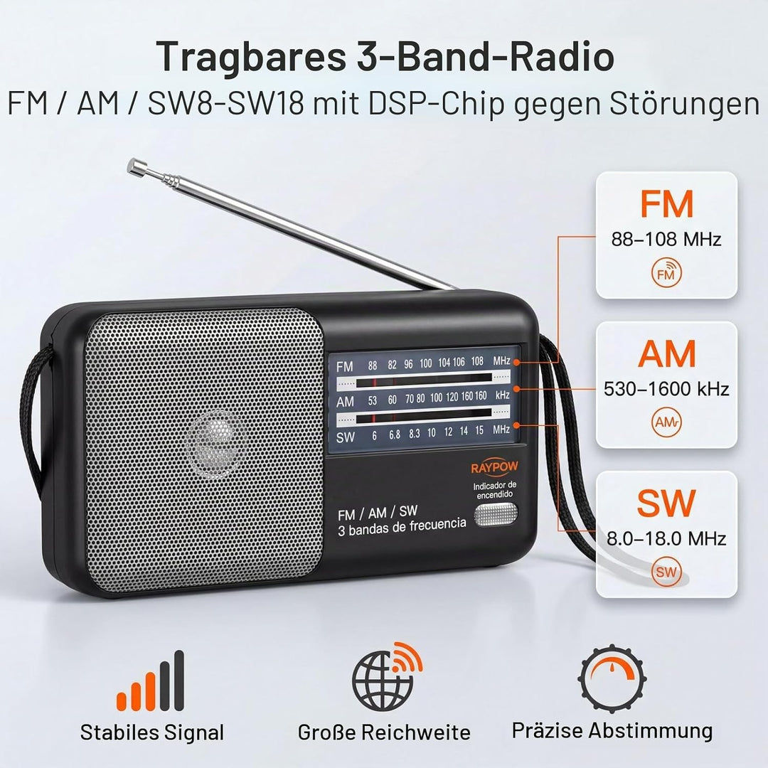 Tragbares Radio, 3-Band-FM/AM/SW8~SW18 Transistorradio, tragbare Tasche, funktioniert mit 2 AA-Batte
