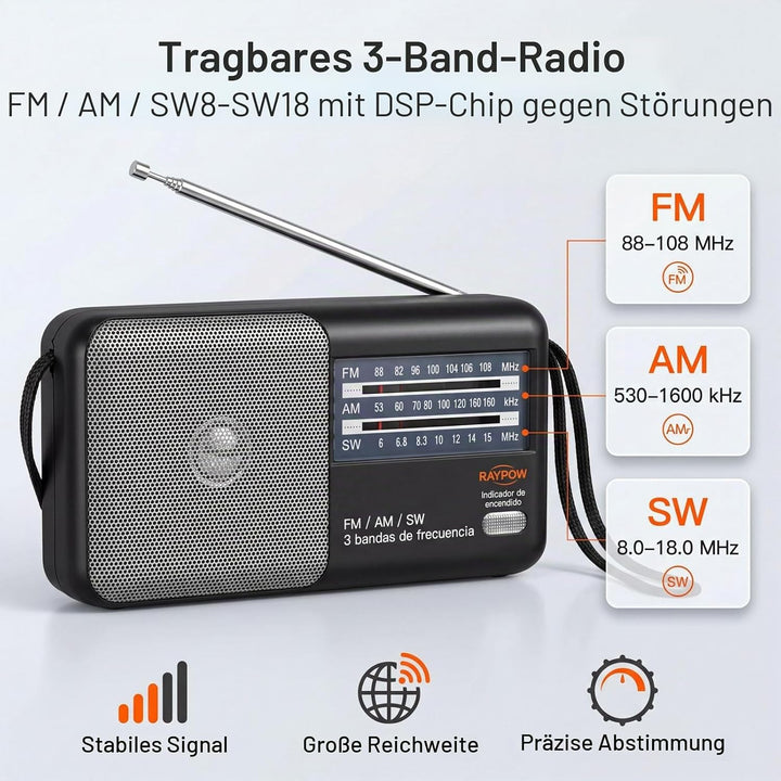 Tragbares Radio, 3-Band-FM/AM/SW8~SW18 Transistorradio, tragbare Tasche, funktioniert mit 2 AA-Batte