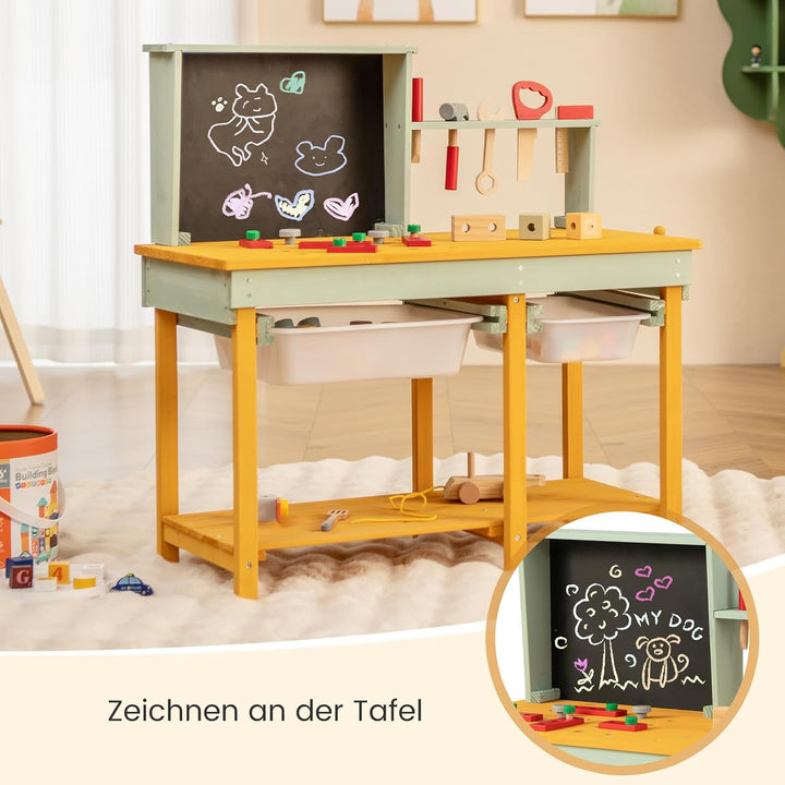 COSTWAY Werkzeugbank Kinder, Spielwerkbank aus Holz mit Tafel &amp; 2 Aufbewahrungsboxen, Werkstatt Werk