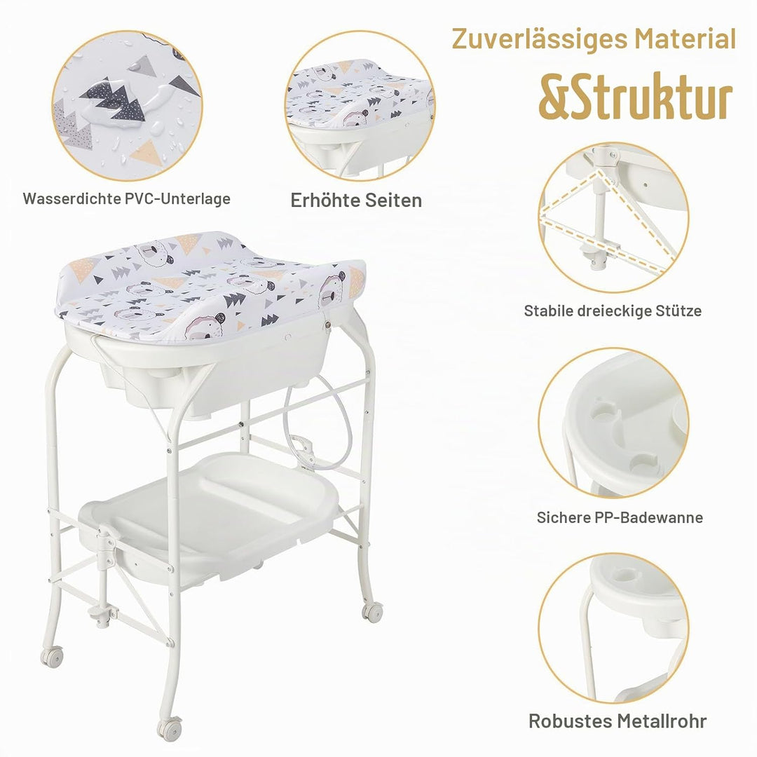 LIFEZEAL Wickeltisch mit Badewanne, 2 in 1 Flatbare Bade-Wickelkombination auf Räder, Badewannenaufs
