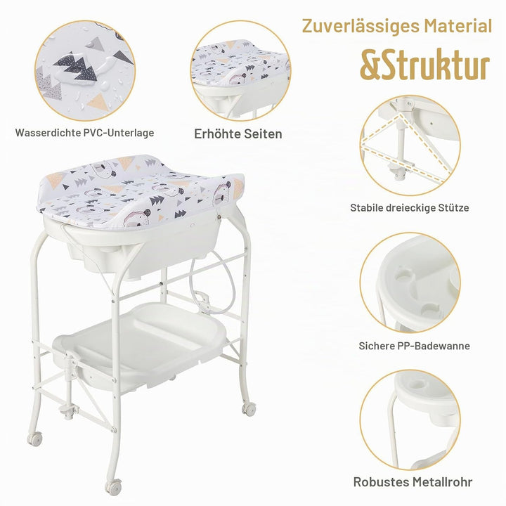 LIFEZEAL Wickeltisch mit Badewanne, 2 in 1 Flatbare Bade-Wickelkombination auf Räder, Badewannenaufs