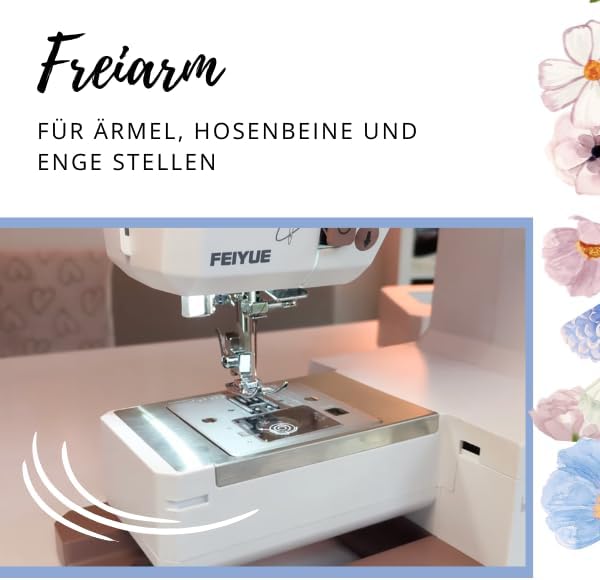 FEIYUE Flora Rosé Nähmaschine, 34 Stiche, LED, Freiarm, 38×16×28 cm, 6,4 kg, 100 W Servo, Elektrisch