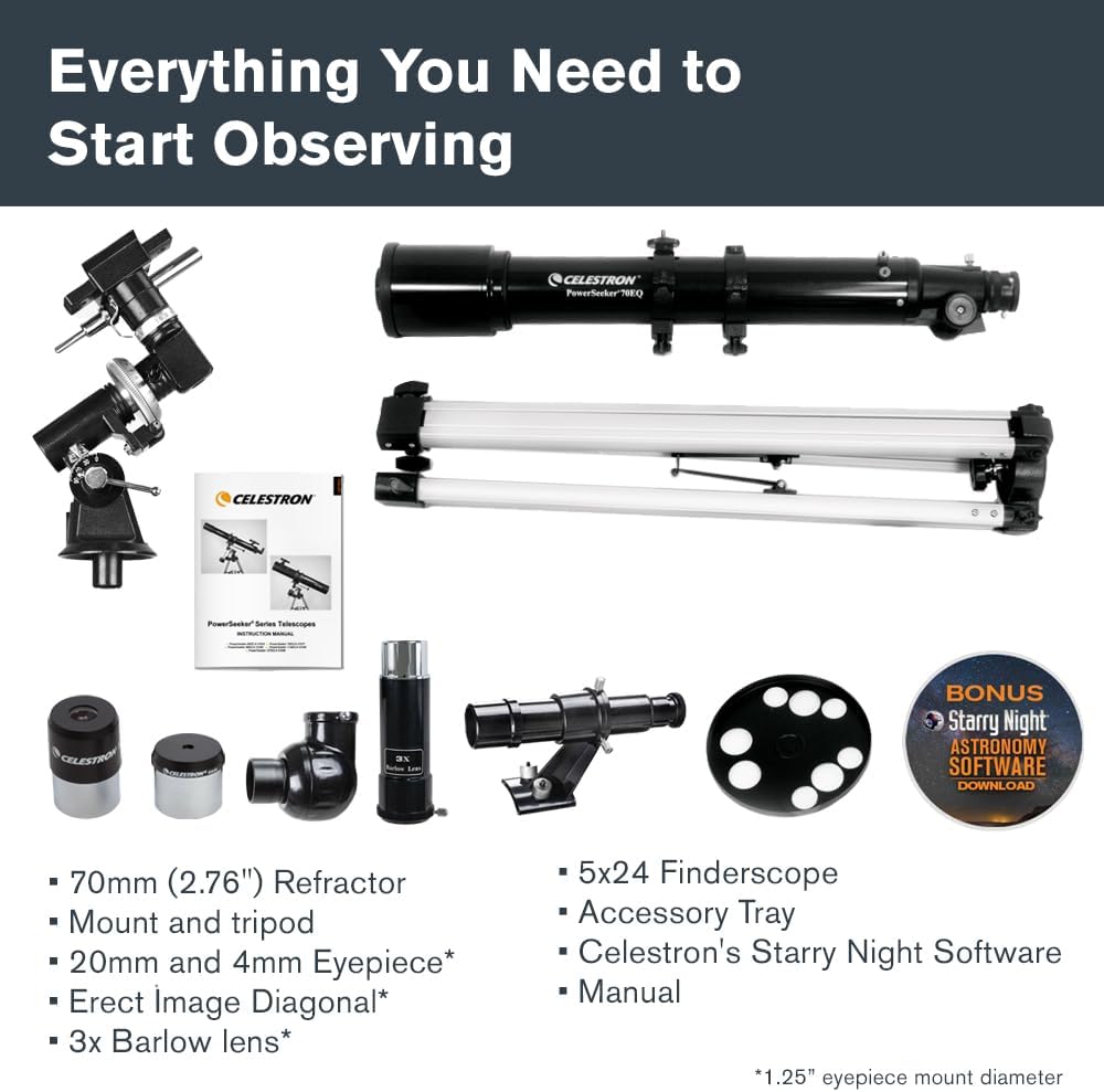 Celestron 21037 PowerSeeker 70EQ Refraktor – Schwarz, 70EQ Refraktor