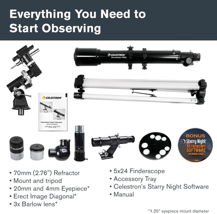 Celestron 21037 PowerSeeker 70EQ Refraktor – Schwarz, 70EQ Refraktor