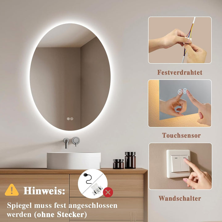 Badspiegel-mit-Beleuchtung- LED Badezimmerspiegel Badezimmer Spiegel mit Beleuchtung, Touch-Schalter