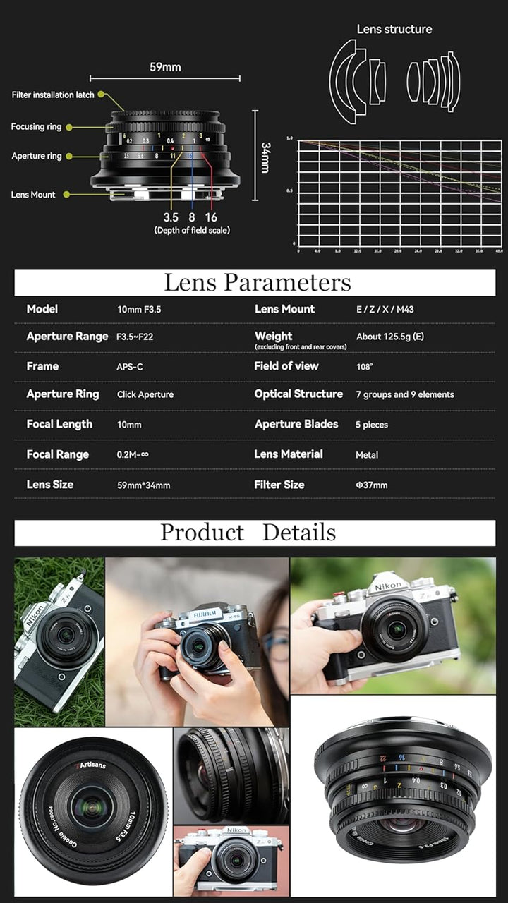 7Artisans 10mm F3.5 Pancake Ultraweitwinkel for Sony E-Mount Objektiv, APS-C manueller Fokus, 108°,1
