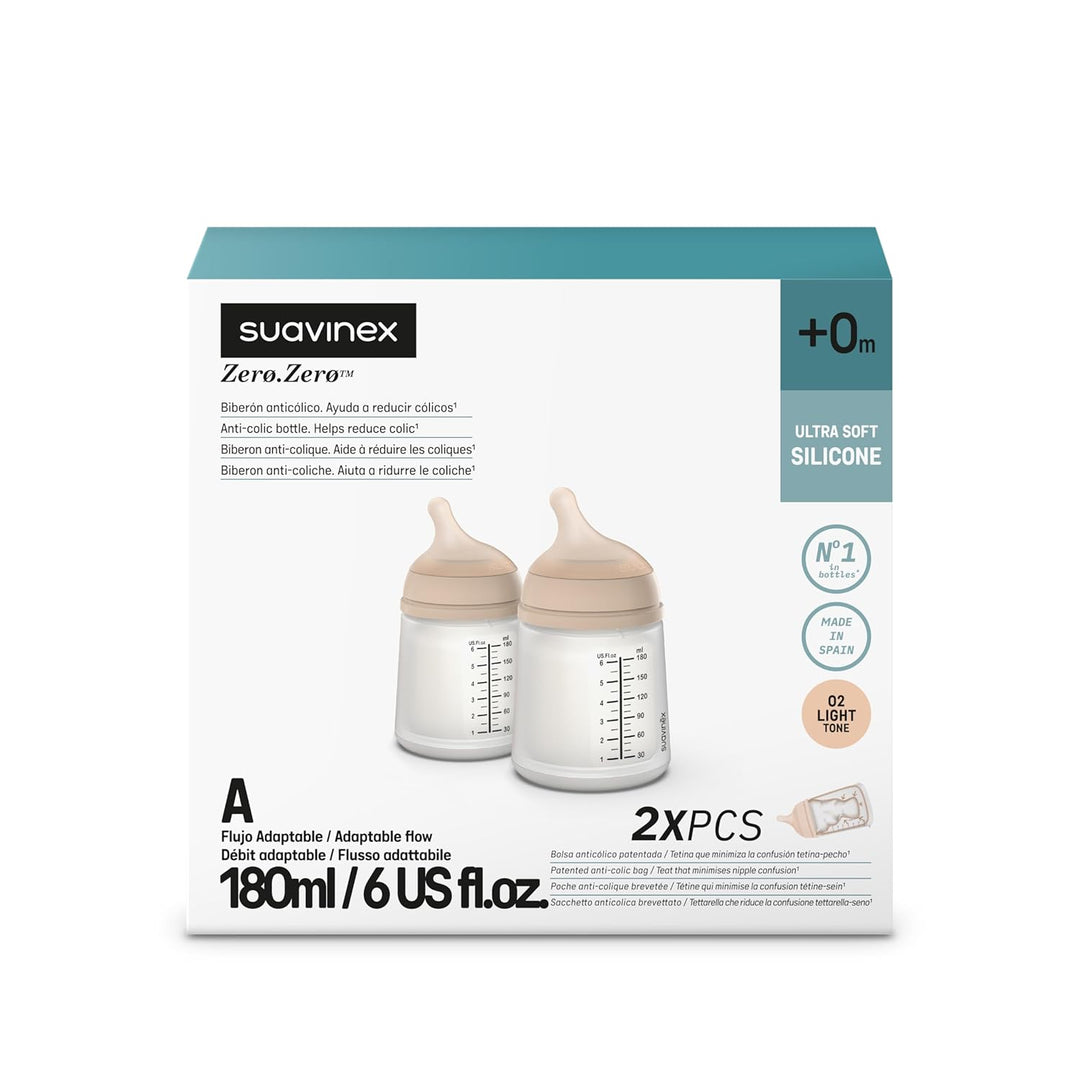 Suavinex, 2er Pack Anti-Colic Babyflasche Zero Zero, mit anpassbarem Silikon-Sauger (A), für Babys a