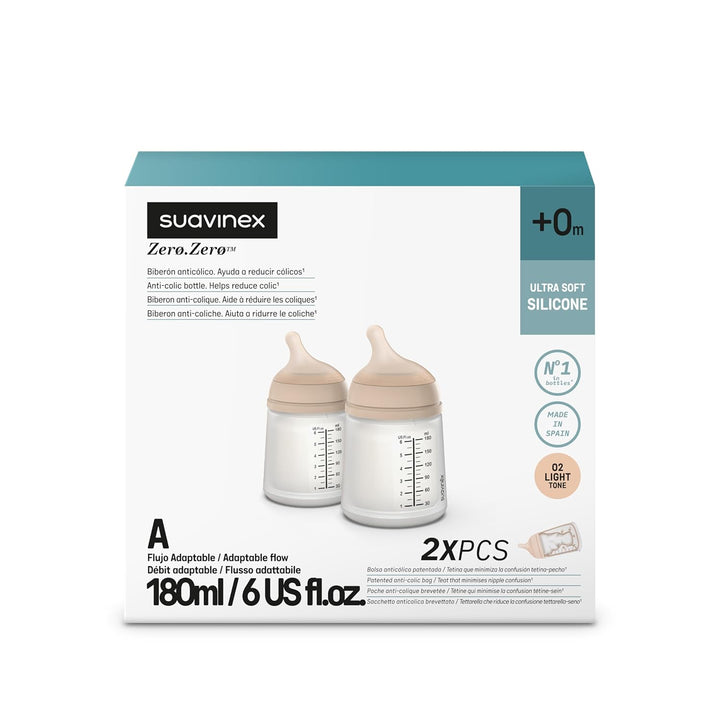 Suavinex, 2er Pack Anti-Colic Babyflasche Zero Zero, mit anpassbarem Silikon-Sauger (A), für Babys a