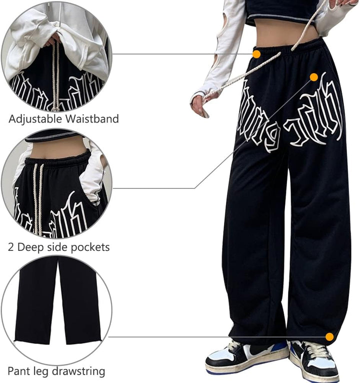 Hewlshawn Damen Hosen Gothic Y2k Cargo Baggy Jogger Sporthose Baumwolle Aesthetic Vintage Kordelzug