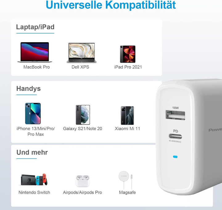 PowerLot 60W USB C Ladegerät mit GaN Tech PD 3.0 Netzteil, Schnellladegerät Kompatibel mit MacBook P
