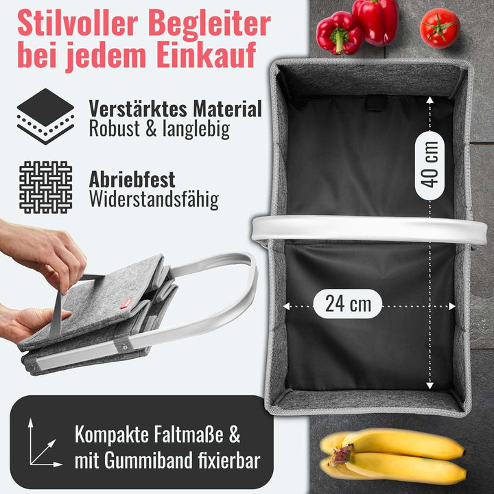 achilles Einkaufskorb aus Filz, Tragekorb mit Alu-Griff, Filz-Korb faltbar, Picknick-Korb, Einkaufsb