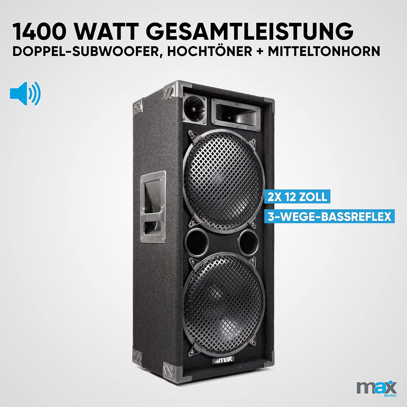 MAX MAX212 Passive PA Lautsprecher, 1400 Watt Partybox mit Griffe, 2 x 12 Zoll Doppel-Tieftöner, Pas